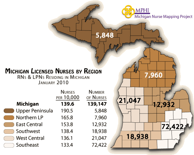 MI nurses by region map